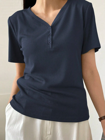 Dazy-Less Solid Color Rib Knit V-Neck Short Sleeve T-Shirt Old Money Style Summer Business Casual Woman Work Clothes
