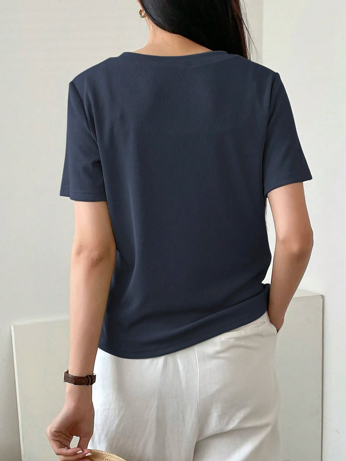 Dazy-Less Solid Color Rib Knit V-Neck Short Sleeve T-Shirt Old Money Style Summer Business Casual Woman Work Clothes
