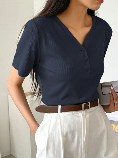 Dazy-Less Solid Color Rib Knit V-Neck Short Sleeve T-Shirt Old Money Style Summer Business Casual Woman Work Clothes
