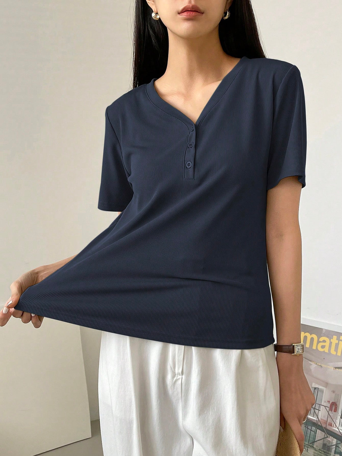 Dazy-Less Solid Color Rib Knit V-Neck Short Sleeve T-Shirt Old Money Style Summer Business Casual Woman Work Clothes