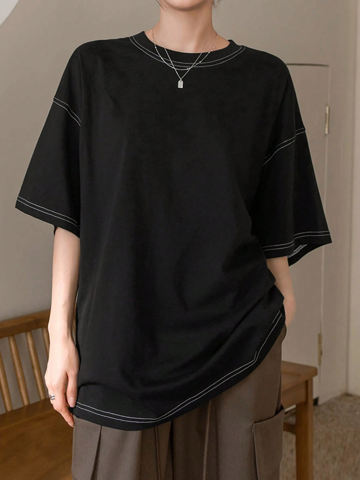 Dazy-Less Women's Round Neck Short Sleeve T-Shirt Summer Oversized T-Shirt Preppy Tops Business Casual Woman Work Clothes
