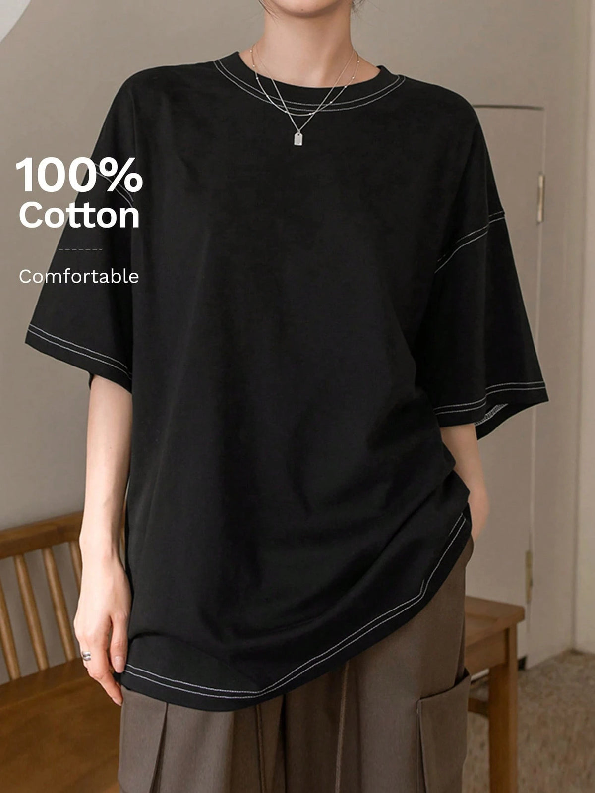 Dazy-Less Women's Round Neck Short Sleeve T-Shirt Summer Oversized T-Shirt Preppy Tops Business Casual Woman Work Clothes
