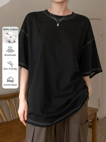 Dazy-Less Women's Round Neck Short Sleeve T-Shirt Summer Oversized T-Shirt Preppy Tops Business Casual Woman Work Clothes