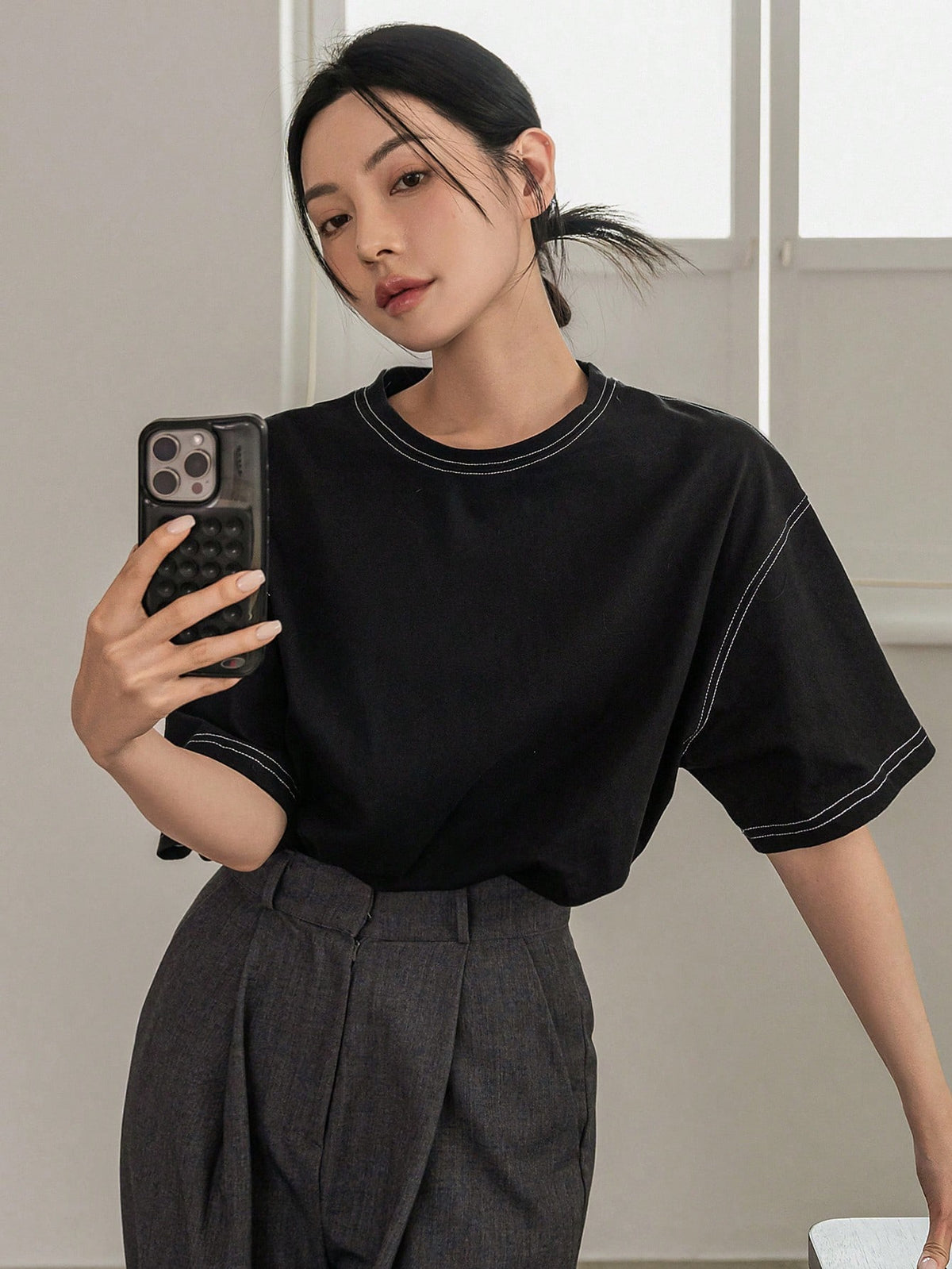 Dazy-Less Women's Round Neck Short Sleeve T-Shirt Summer Oversized T-Shirt Preppy Tops Business Casual Woman Work Clothes