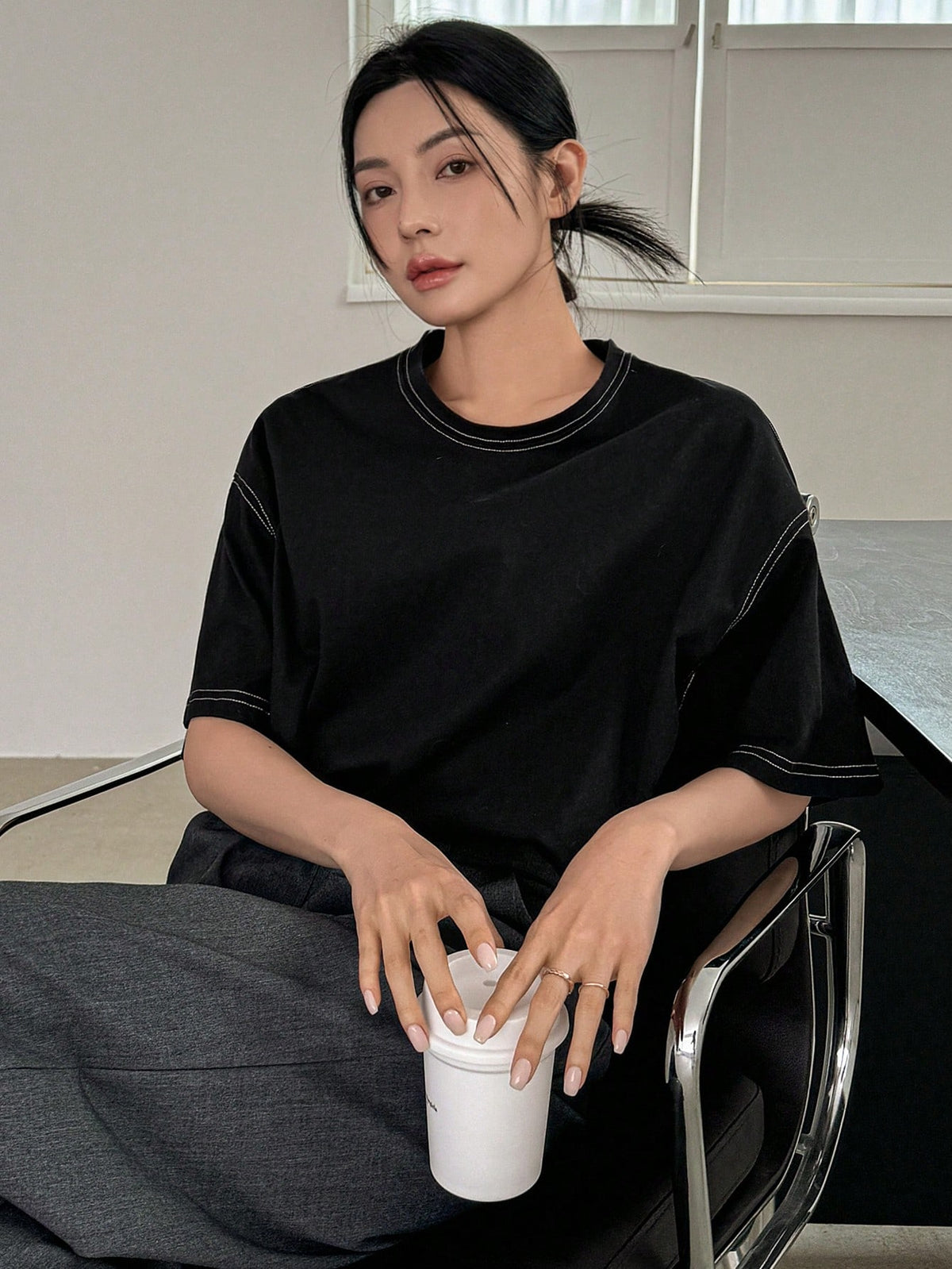 Dazy-Less Women's Round Neck Short Sleeve T-Shirt Summer Oversized T-Shirt Preppy Tops Business Casual Woman Work Clothes