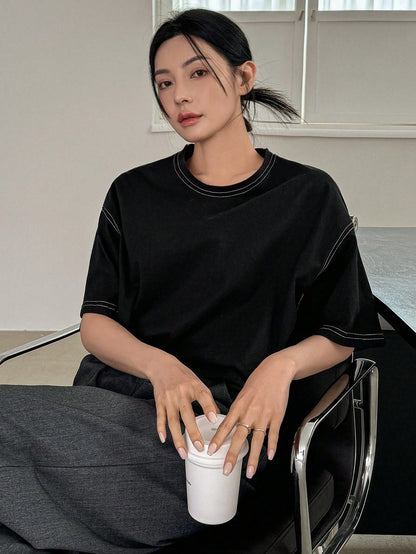 Dazy-Less Women's Round Neck Short Sleeve T-Shirt Summer Oversized T-Shirt Preppy Tops Business Casual Woman Work Clothes