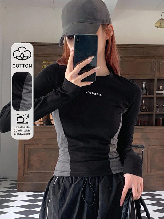 DAZY Letter Graphic Colorblock Tee,Fall Clothes Long Sleeve Women Tops