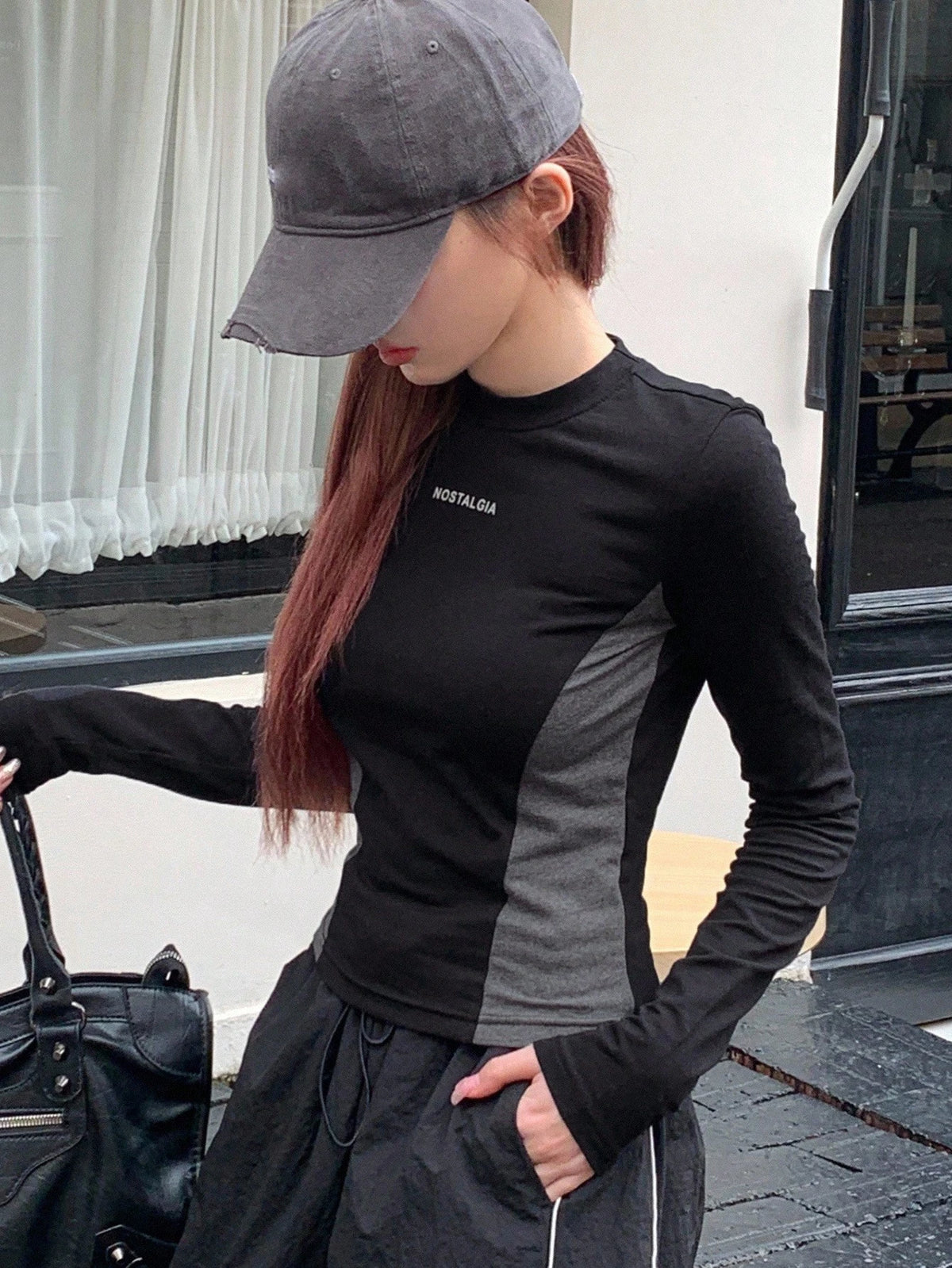 DAZY Letter Graphic Colorblock Tee,Fall Clothes Long Sleeve Women Tops
