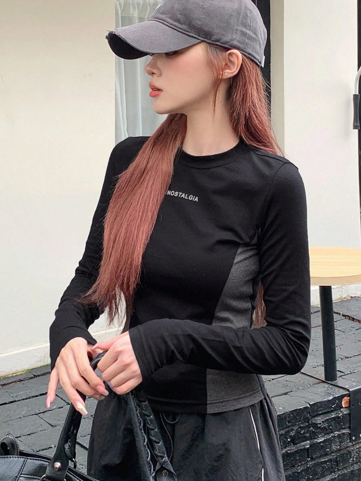 DAZY Letter Graphic Colorblock Tee,Fall Clothes Long Sleeve Women Tops