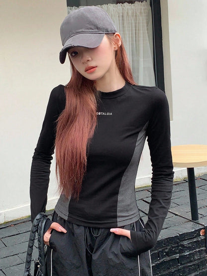 DAZY Letter Graphic Colorblock Tee,Fall Clothes Long Sleeve Women Tops