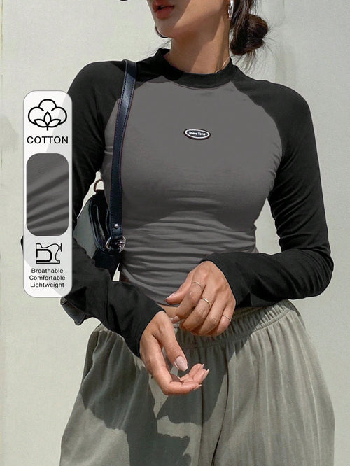 DAZY Letter Patched Colorblock Long Raglan Sleeve T-Shirt Y2k Long Sleeve Women Tops