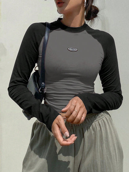 DAZY Letter Patched Colorblock Long Raglan Sleeve T-Shirt Y2k Long Sleeve Women Tops