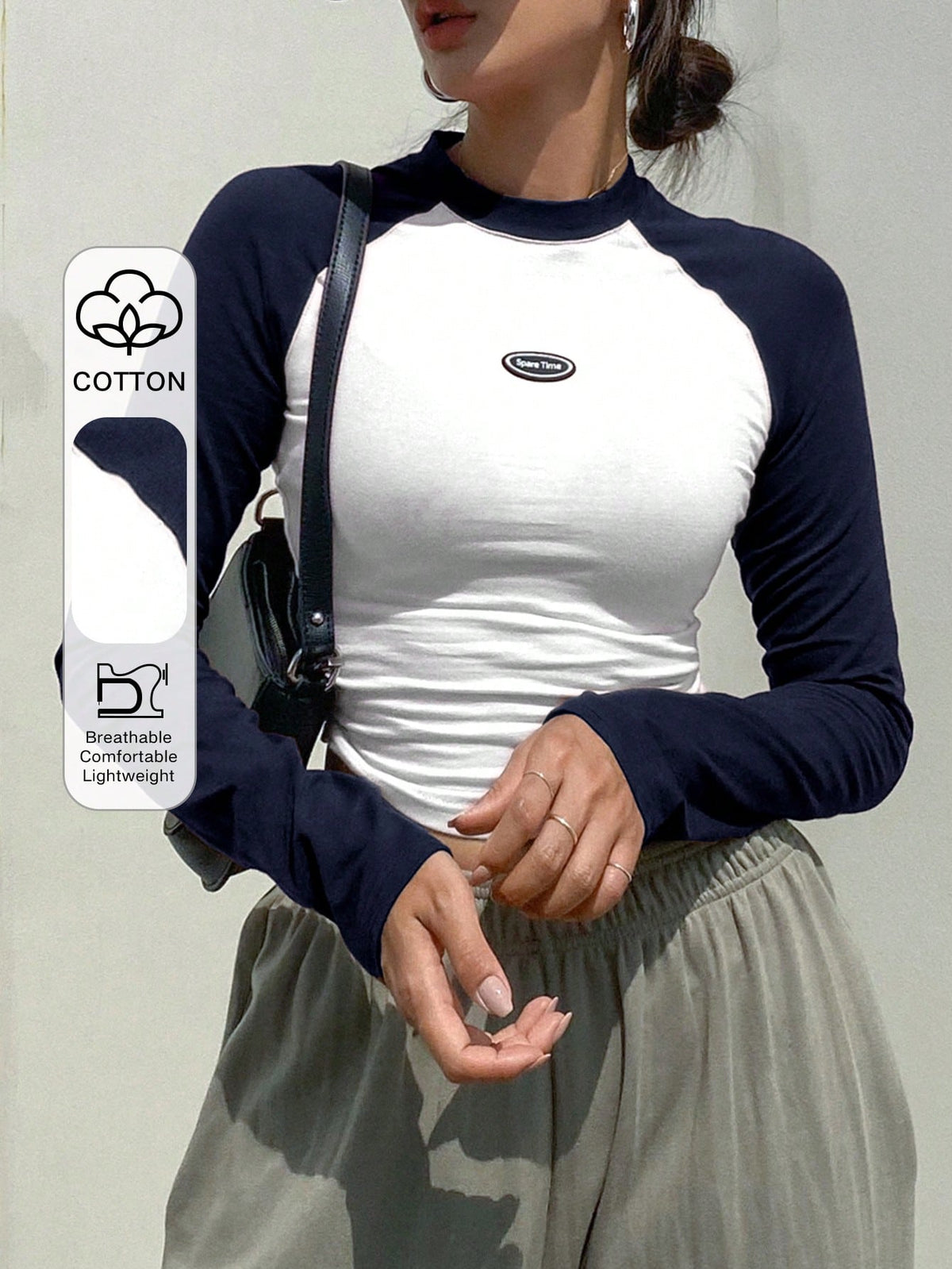 DAZY Letter Patched Colorblock Long Raglan Sleeve T-Shirt Y2k Long Sleeve Women Tops