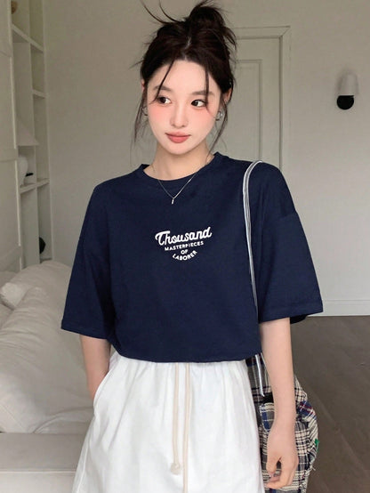 DAZY Letter Print Drop Shoulder T-Shirt Summer Oversized T-Shirt