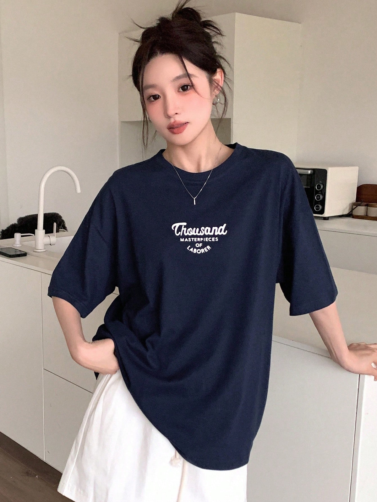 DAZY Letter Print Drop Shoulder T-Shirt Summer Oversized T-Shirt