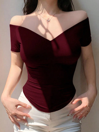 DAZY Off-Shoulder Sexy Fitted Solid Color Short Sleeve Women T-Shirt, Summer Top Christmas Going Out Tops