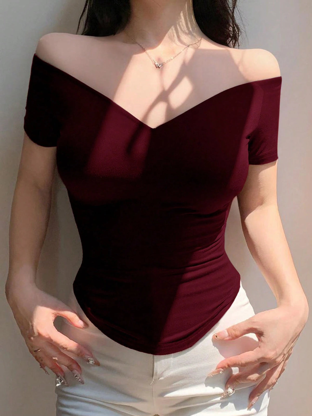DAZY Off-Shoulder Sexy Fitted Solid Color Short Sleeve Women T-Shirt, Summer Top Christmas Going Out Tops