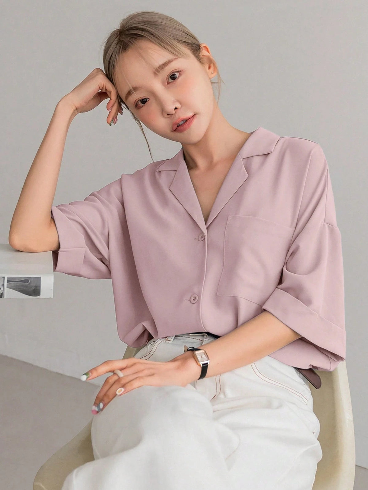 DAZY Solid Button Front Pocket Patched Shirt