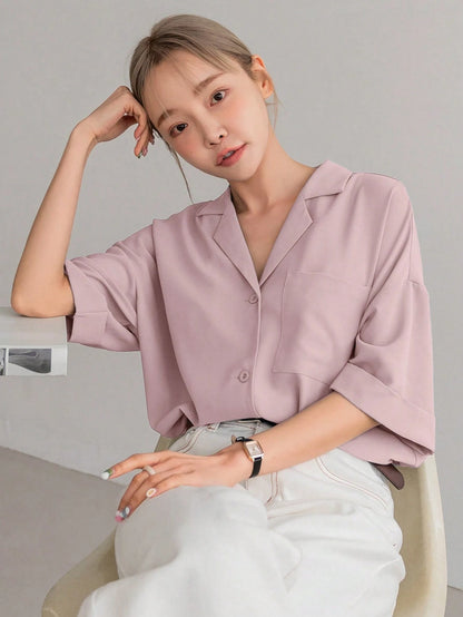 DAZY Solid Button Front Pocket Patched Shirt