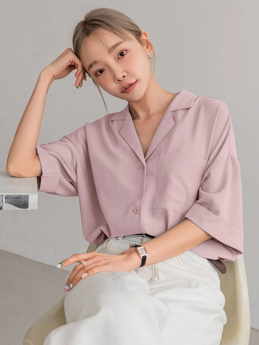DAZY Solid Button Front Pocket Patched Shirt