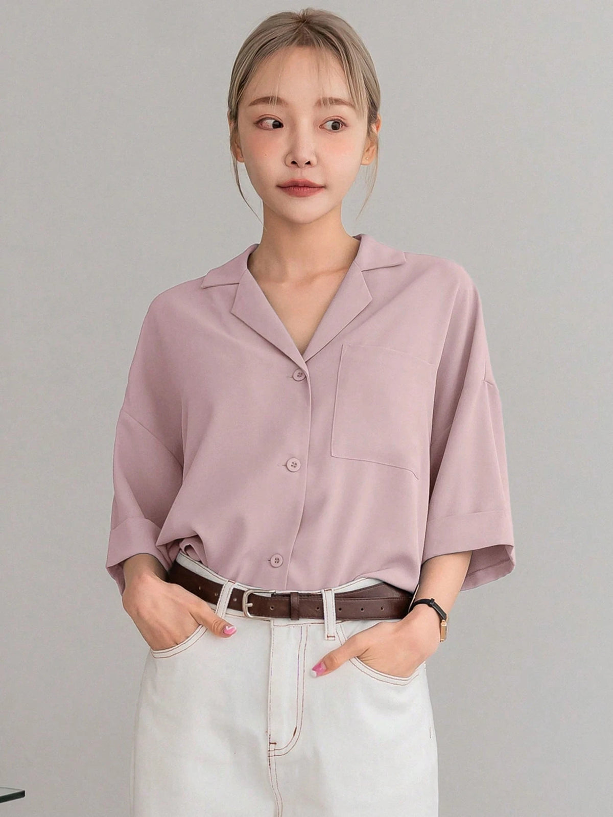 DAZY Solid Button Front Pocket Patched Shirt
