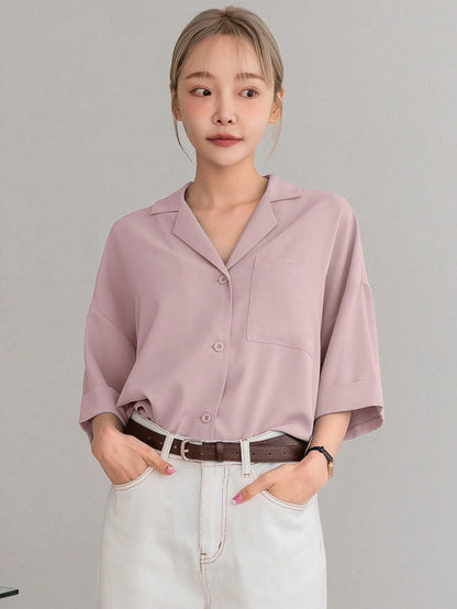 DAZY Solid Button Front Pocket Patched Shirt