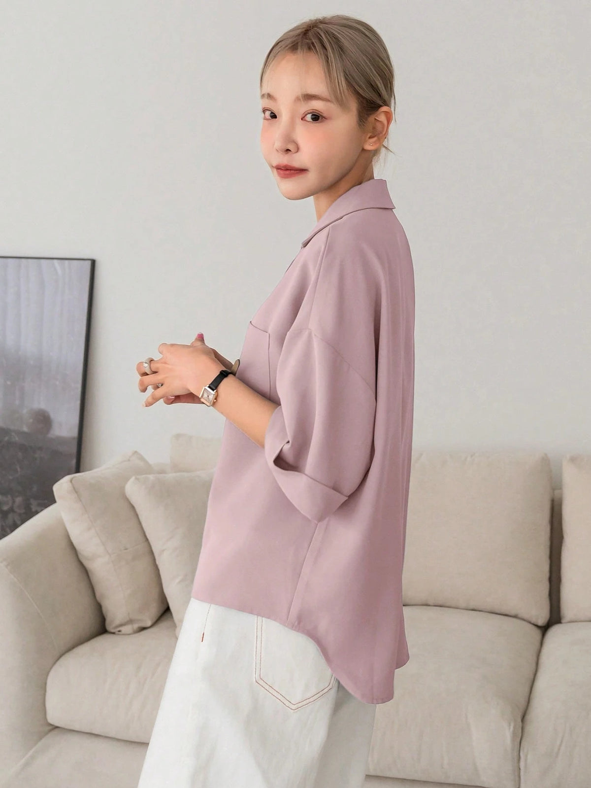 DAZY Solid Button Front Pocket Patched Shirt