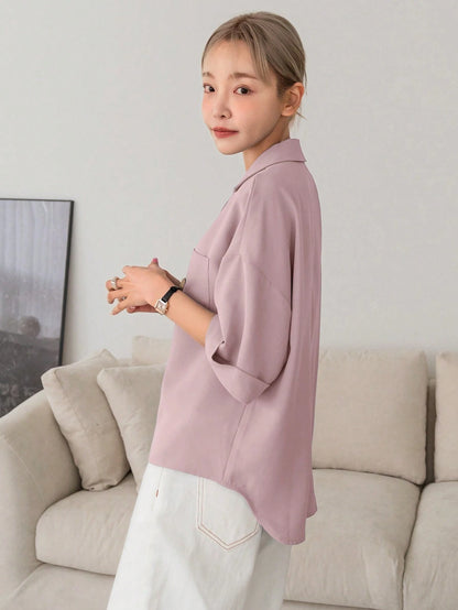 DAZY Solid Button Front Pocket Patched Shirt