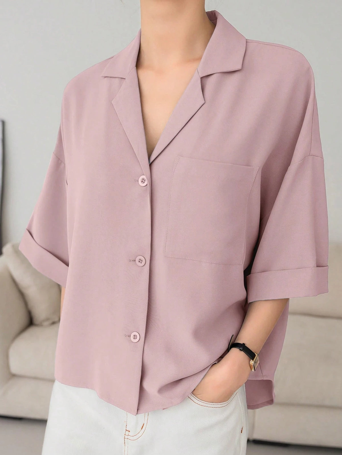 DAZY Solid Button Front Pocket Patched Shirt