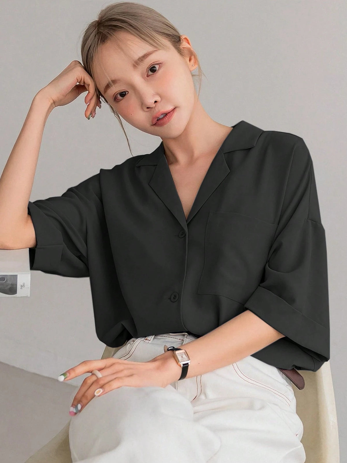 DAZY Solid Button Front Pocket Patched Shirt
