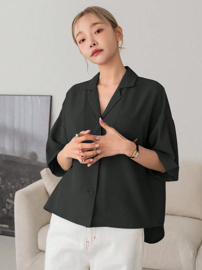 DAZY Solid Button Front Pocket Patched Shirt