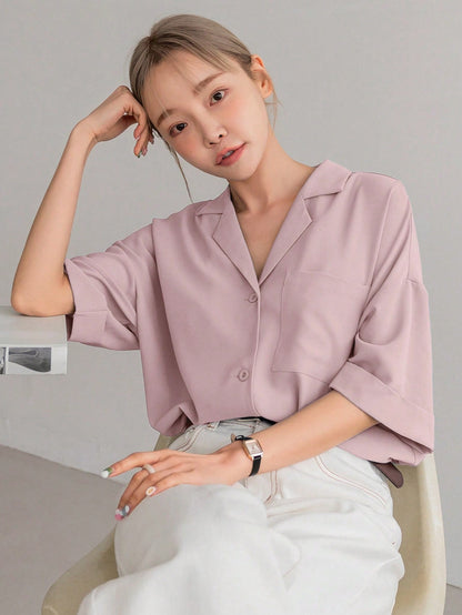 DAZY Solid Button Front Pocket Patched Shirt