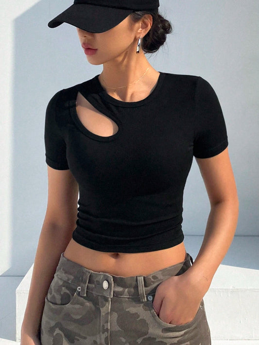 DAZY Solid Color Hollow Out Slim Fit Short Sleeve T-Shirt,Crop Tops Women