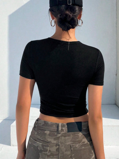 DAZY Solid Color Hollow Out Slim Fit Short Sleeve T-Shirt,Crop Tops Women