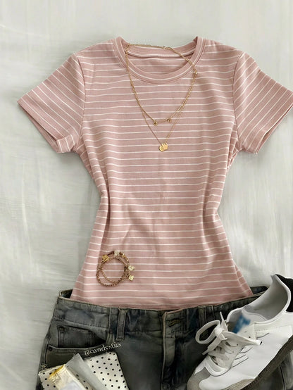 DAZY Solid Color Round Neck Fitted Short Sleeve Women T-Shirt Summer
