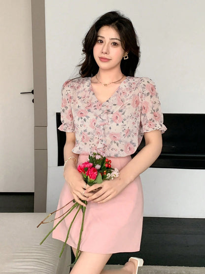DAZY Women Elegant Short-Sleeved Shirt With Frill Lace,Puff Sleeves Design And Floral Pink Pattern,Summer Elegant Tea Party Tops,Ruffle Vacation Outfits
