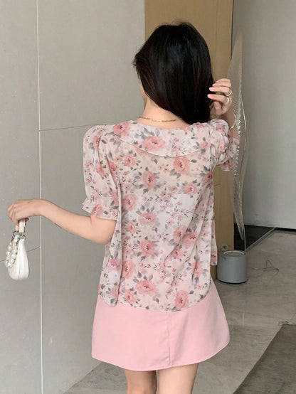 DAZY Women Elegant Short-Sleeved Shirt With Frill Lace,Puff Sleeves Design And Floral Pink Pattern,Summer Elegant Tea Party Tops,Ruffle Vacation Outfits