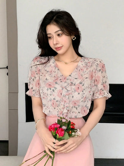 DAZY Women Elegant Short-Sleeved Shirt With Frill Lace,Puff Sleeves Design And Floral Pink Pattern,Summer Elegant Tea Party Tops,Ruffle Vacation Outfits