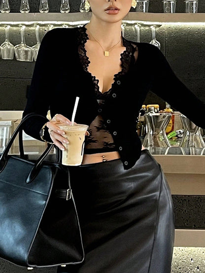 DAZY Women's Black Long Sleeve Single-Breasted Fitted Cardigan T-Shirt,Fall Women Clothes Crop Women Tops
