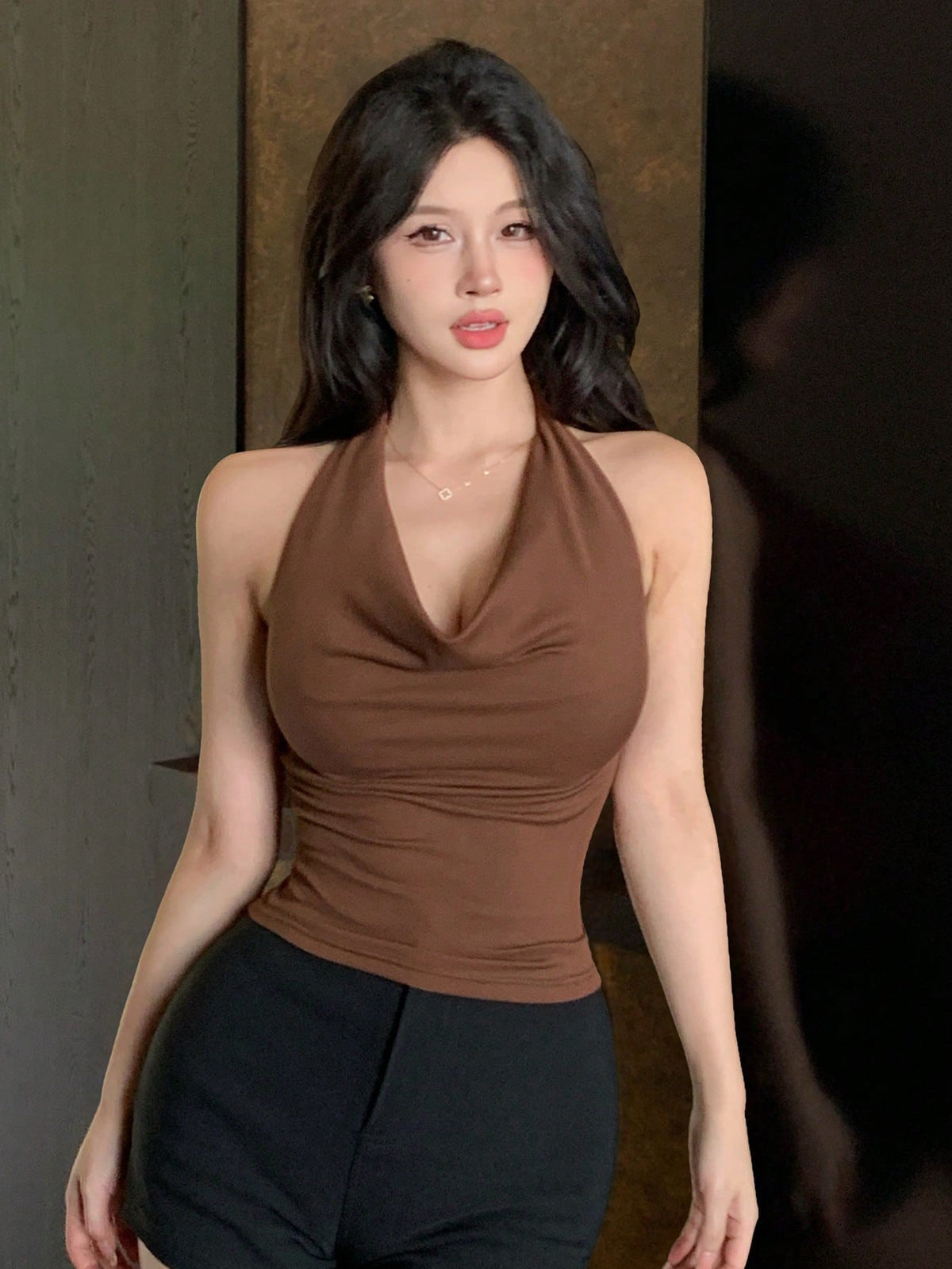 DAZY Women's Brown Draped Neck Backless Spaghetti Strap Tie Back Spaghetti Strap Short Top, Casual Vacation Beach Style For Spring/Summer Music Festival Valentine's Day Wedding