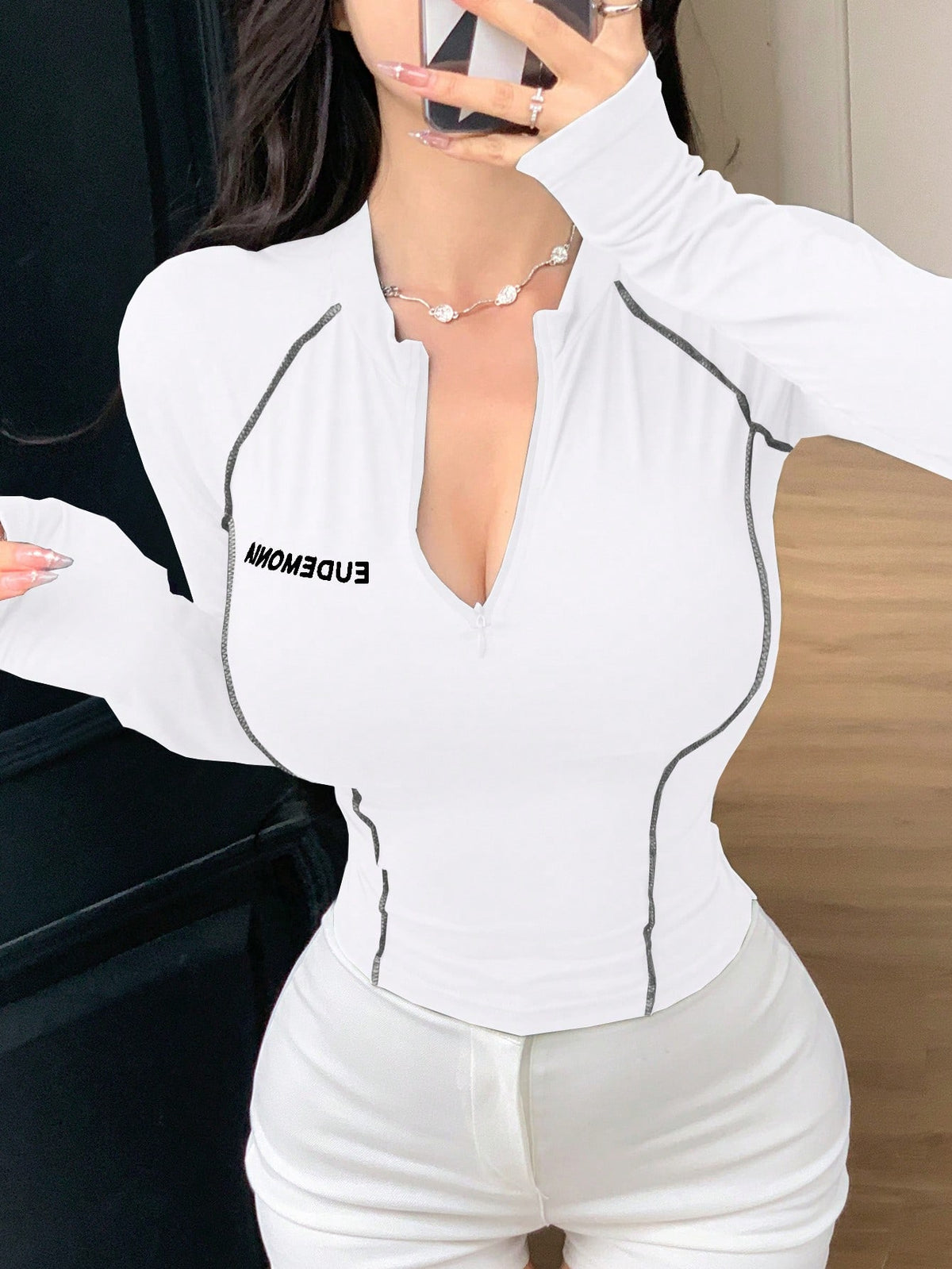 DAZY Women's Letter Print Striped Decor Half Zip Mock Neck Slim Fitted Long Sleeve T-Shirt,Fall Clothes Turtleneck Women