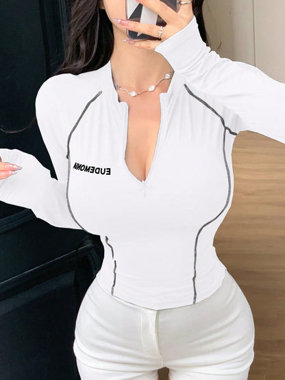 DAZY Women's Letter Print Striped Decor Half Zip Mock Neck Slim Fitted Long Sleeve T-Shirt,Fall Clothes Turtleneck Women