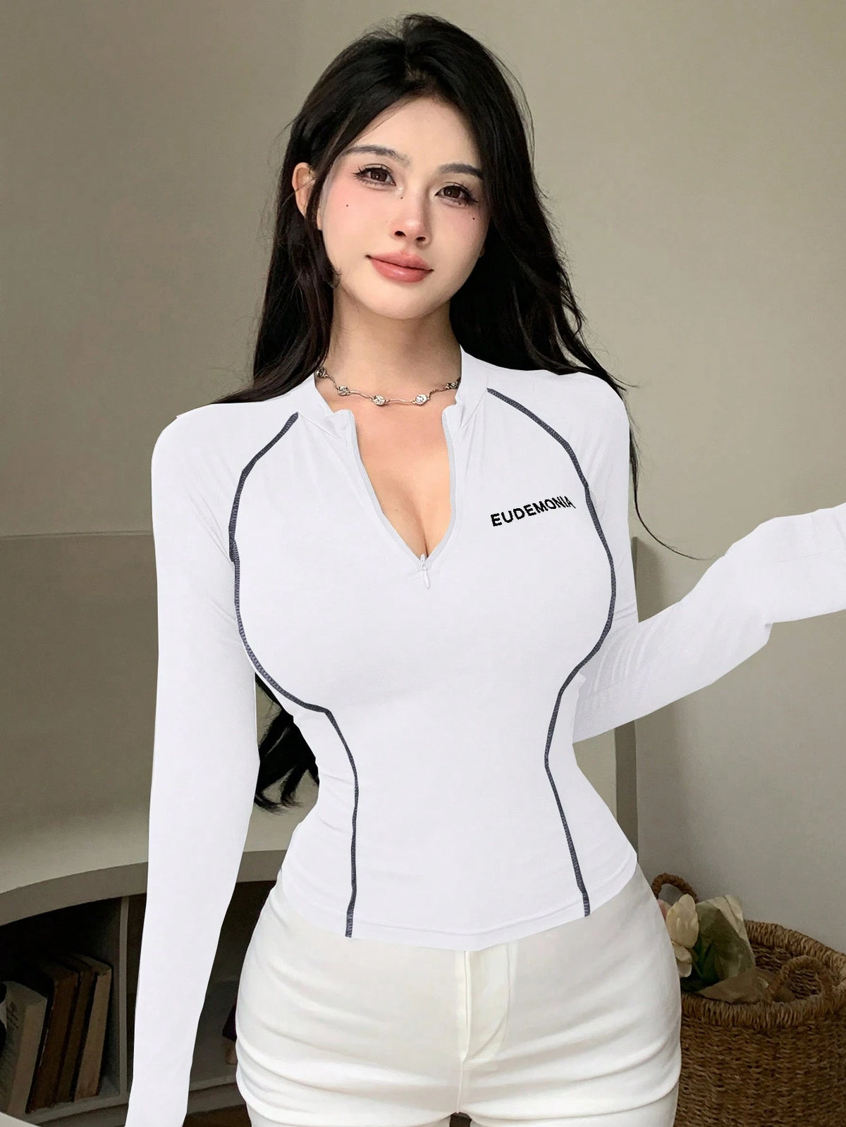 DAZY Women's Letter Print Striped Decor Half Zip Mock Neck Slim Fitted Long Sleeve T-Shirt,Fall Clothes Turtleneck Women