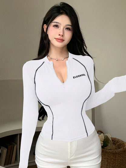 DAZY Women's Letter Print Striped Decor Half Zip Mock Neck Slim Fitted Long Sleeve T-Shirt,Fall Clothes Turtleneck Women