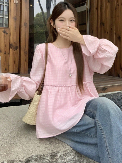 DAZY Women's Pink Round Neck A-Line Flare Sleeve Blouse