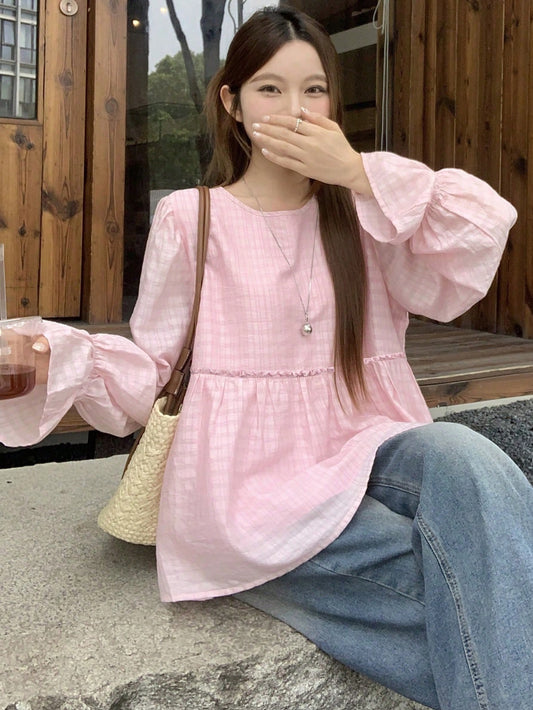 DAZY Women's Pink Round Neck A-Line Flare Sleeve Blouse