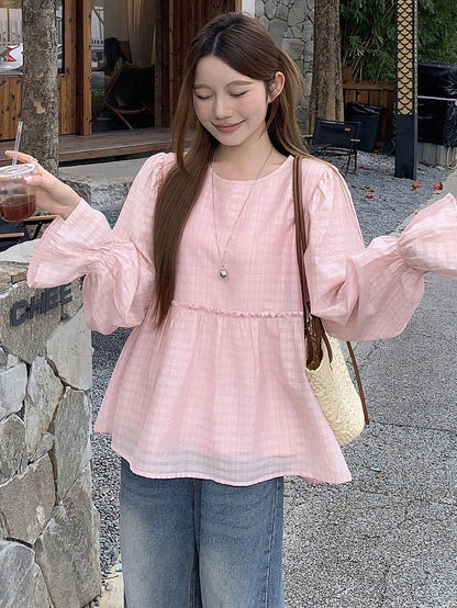 DAZY Women's Pink Round Neck A-Line Flare Sleeve Blouse
