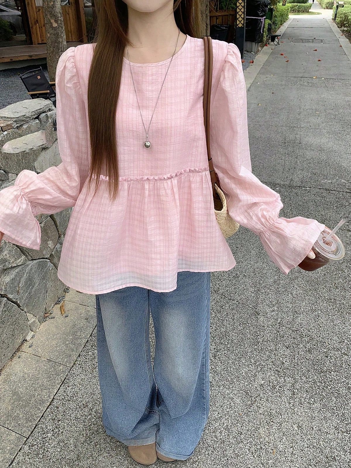 DAZY Women's Pink Round Neck A-Line Flare Sleeve Blouse