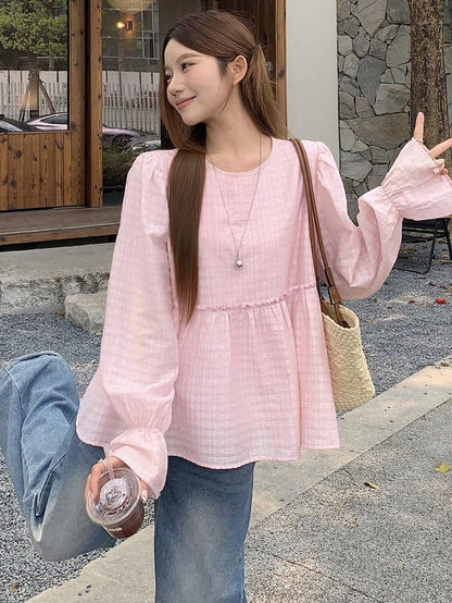DAZY Women's Pink Round Neck A-Line Flare Sleeve Blouse
