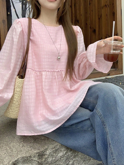 DAZY Women's Pink Round Neck A-Line Flare Sleeve Blouse